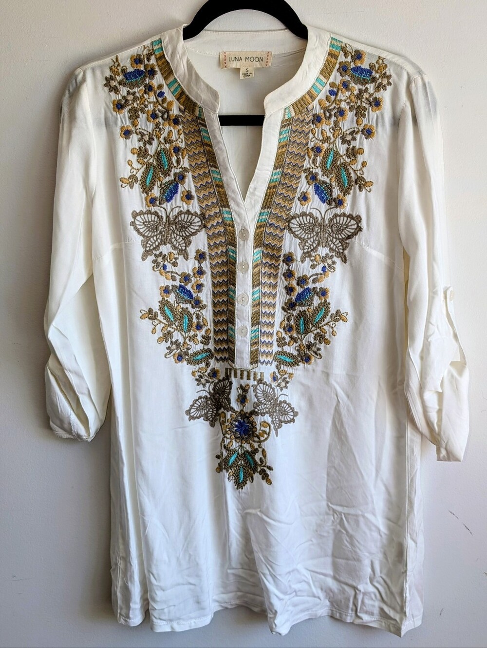 Luna Moon White Butterfly 🦋 Embroidered V-Neck Tunic with Multicolor Detail